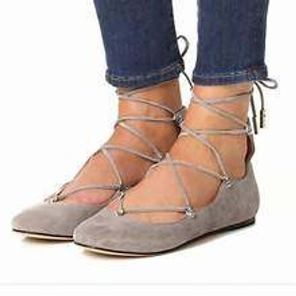 Sigerson Morrison Grey Suede Lace Up Elias Ballet Flats Silver Studs Women's 8B